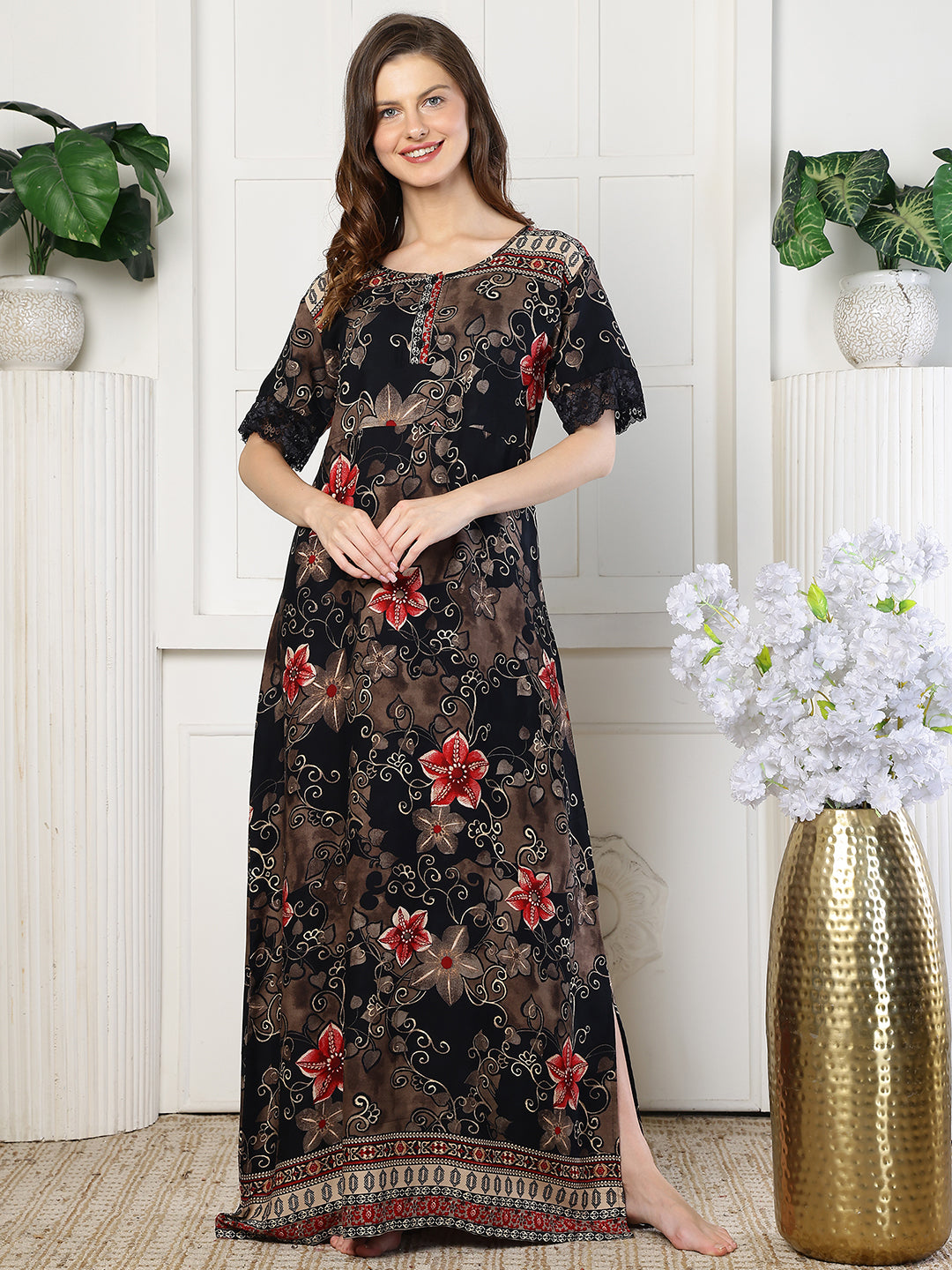 Black Color Floral Printed Viscose Rayon Nighty | Claura