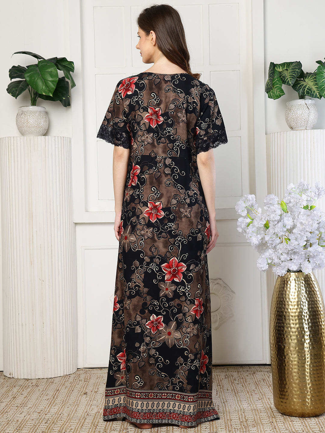 Black Color Floral Printed Viscose Rayon Nighty | Claura