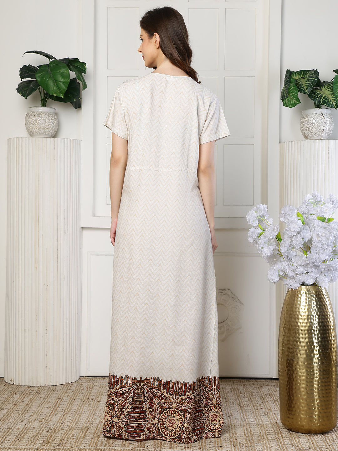 White Color Abstract Printed Viscose Rayon Nighty | Claura