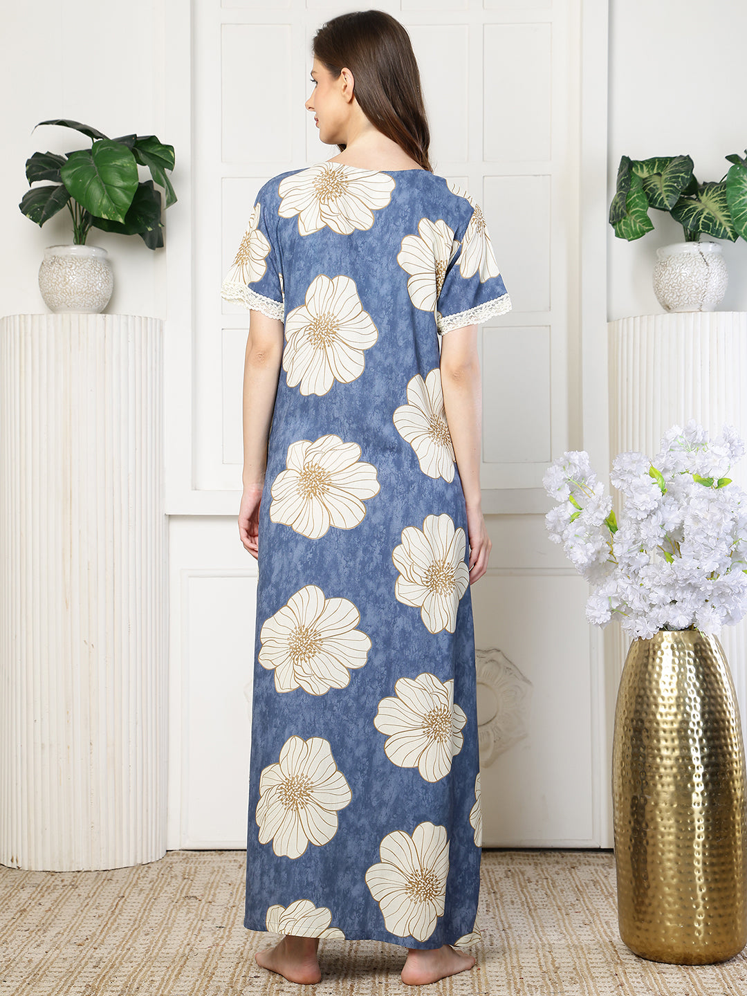 Blue Color Floral Printed Viscose Rayon Nighty | Claura