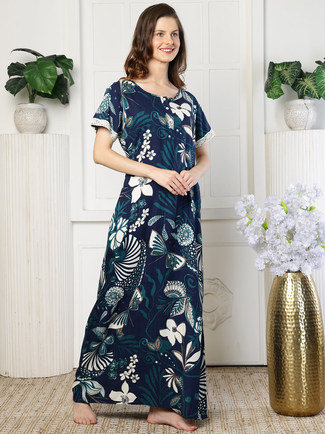 Navy Color Floral Printed Viscose Rayon Nighty | Claura