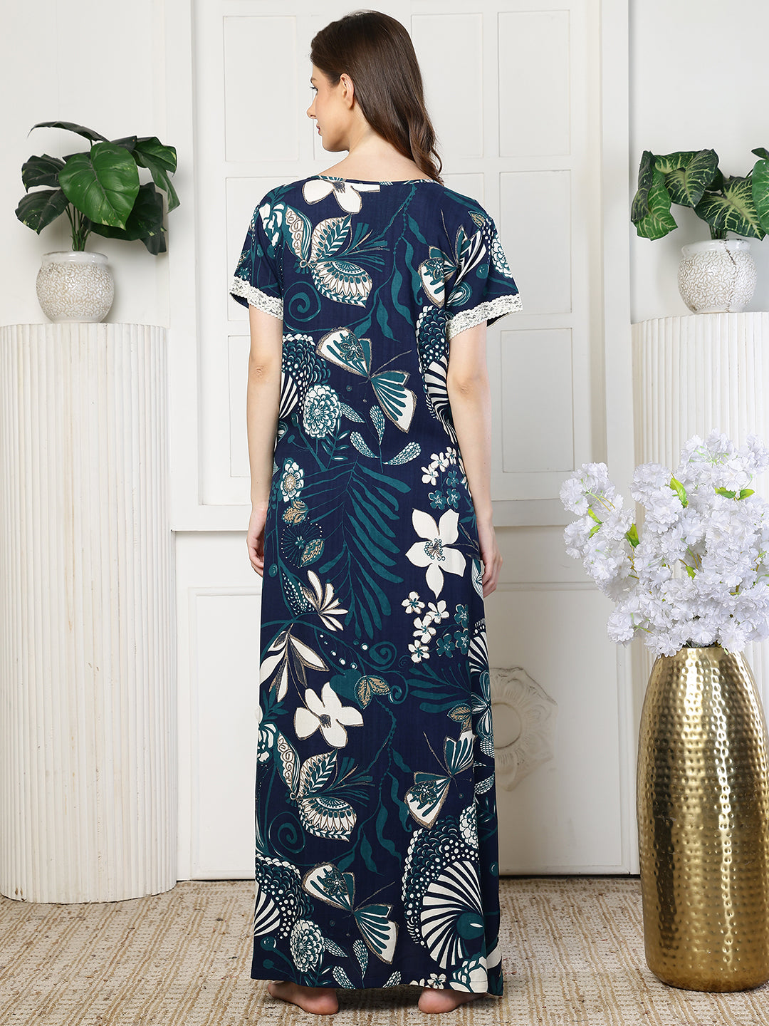 Navy Color Floral Printed Viscose Rayon Nighty | Claura