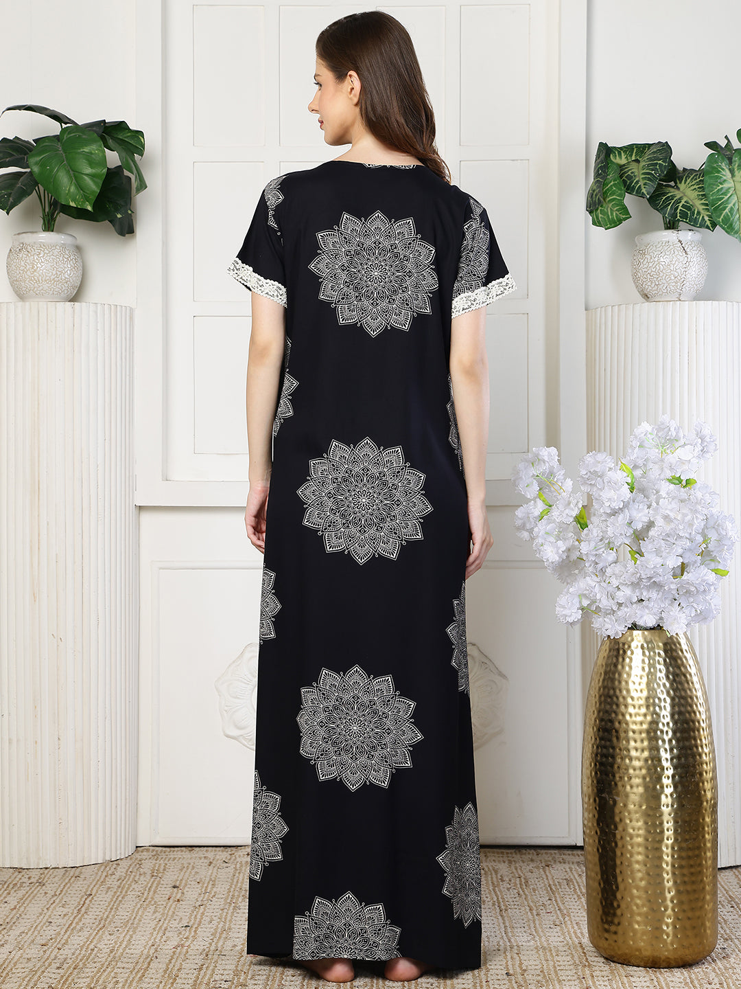 Black Color Abstract Printed Viscose Rayon Nighty | Claura