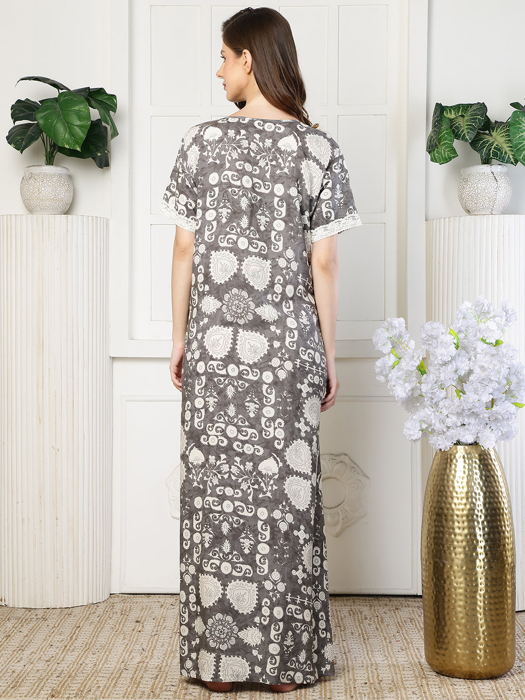 Grey Color Abstract Printed Viscose Rayon Nighty | Claura