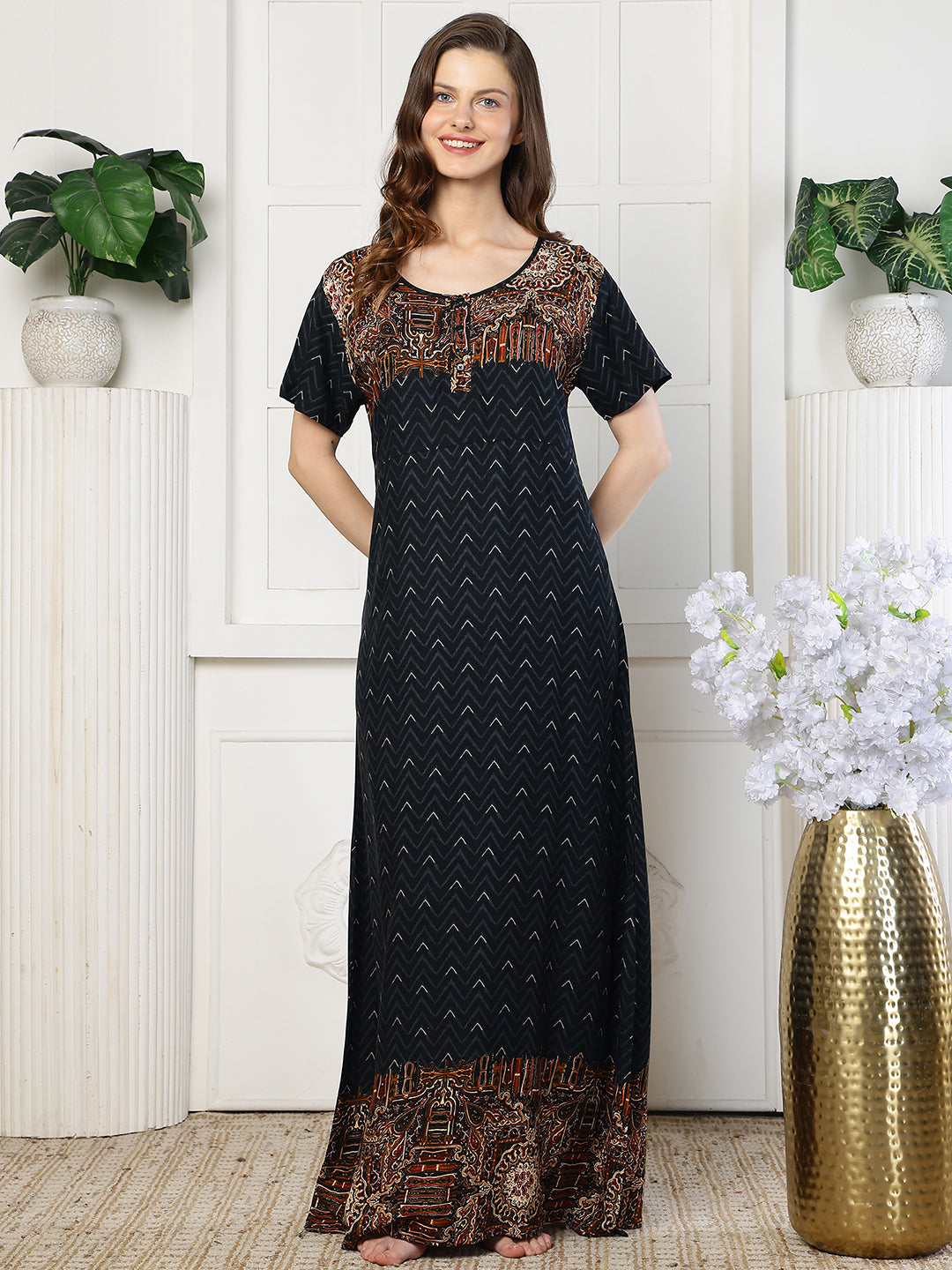 Black Abstract Printed Maxi Nightdress for Women | Claura