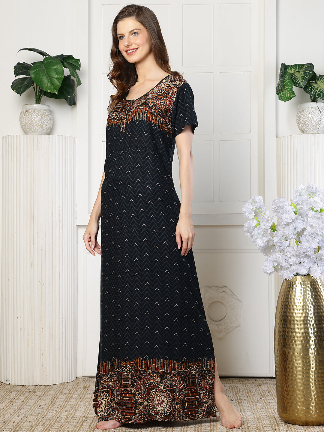 Abstract print night suit for women – black back view | Claura
