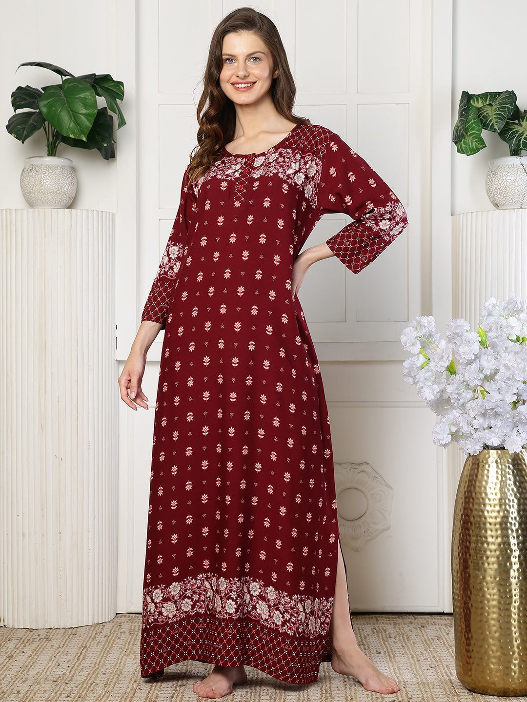 Red Floral Printed Rayon Maxi Nighty for Women | Claura