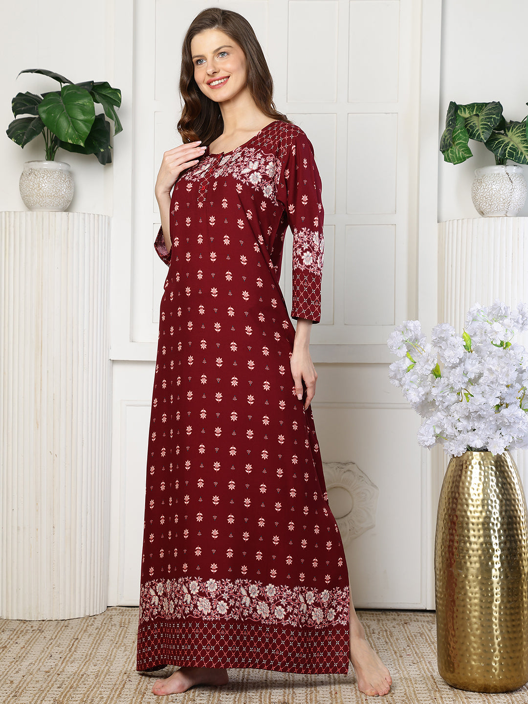 Red Floral Printed Rayon Maxi Nighty for Women | Claura