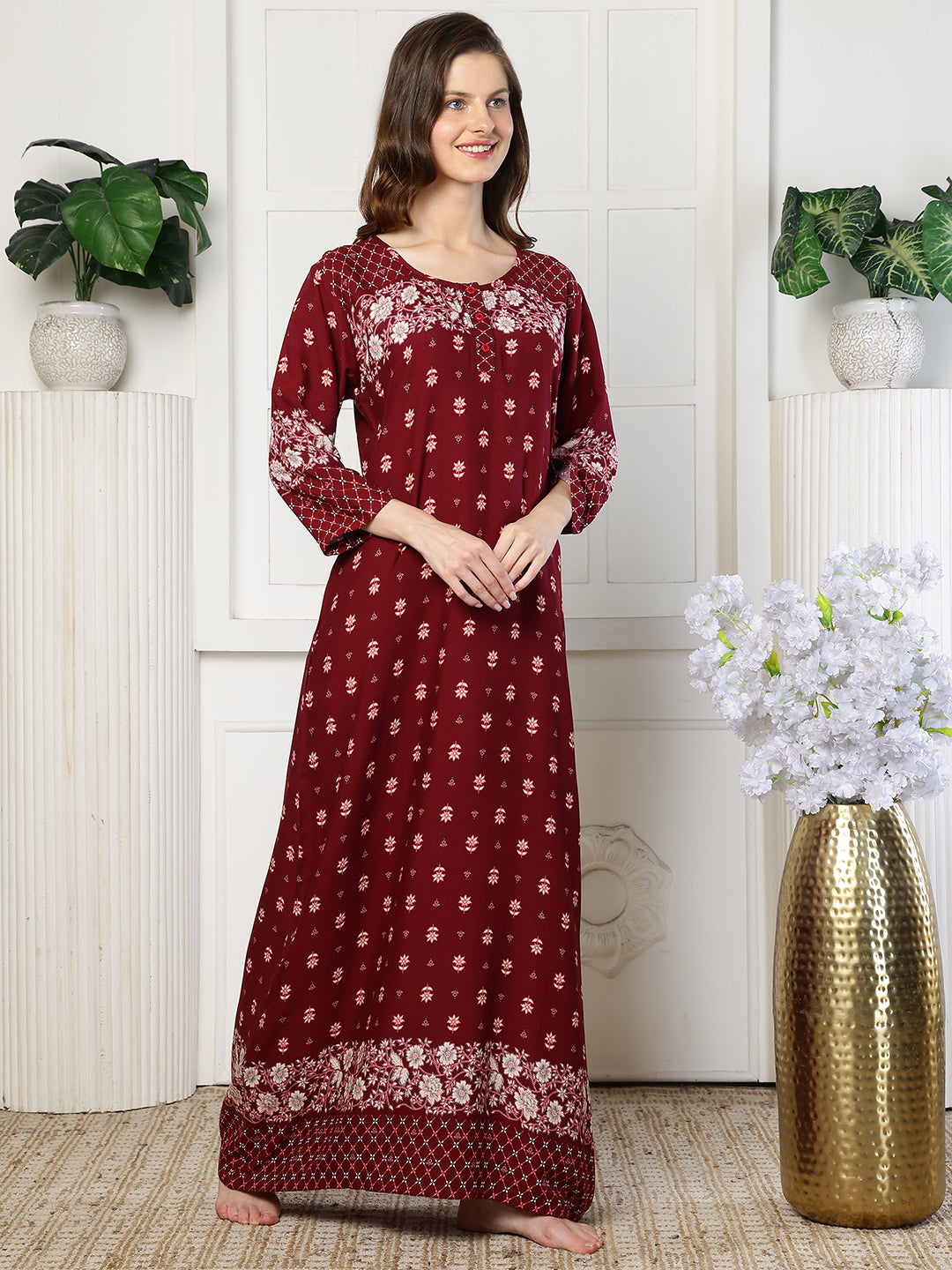 Red Floral Printed Rayon Maxi Nighty for Women | Claura