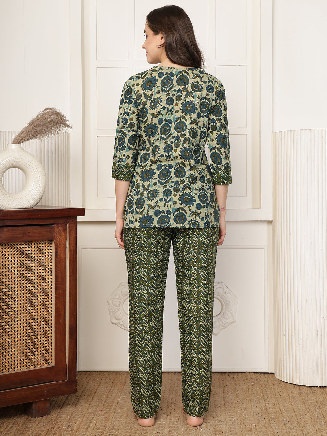 Green Floral Printed Cotton Night Suit Set with V-Neck | Claura