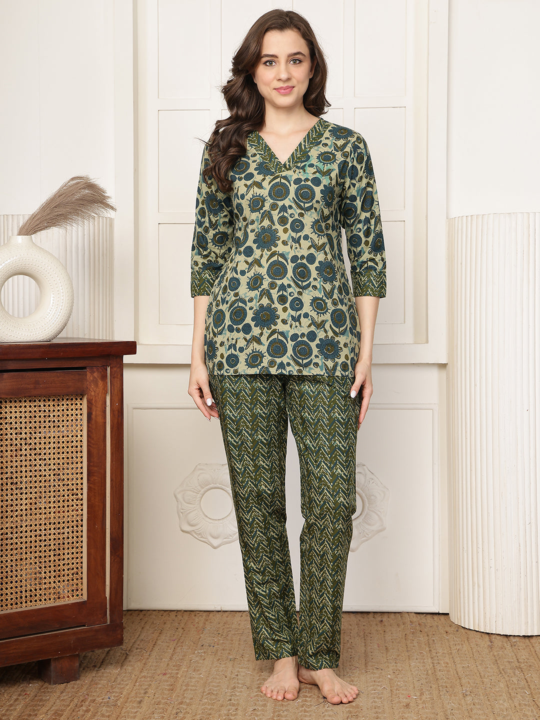 Green Floral Printed Cotton Night Suit Set with V-Neck | Claura