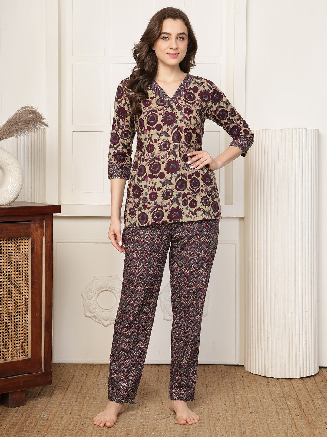 Purple Floral Printed Cotton Night Suit For Women | Claura