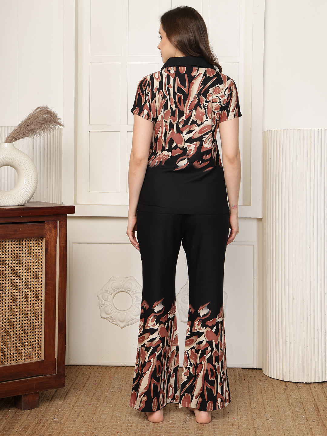 Black Abstract Ombre Printed Rayon Night Suit | Claura