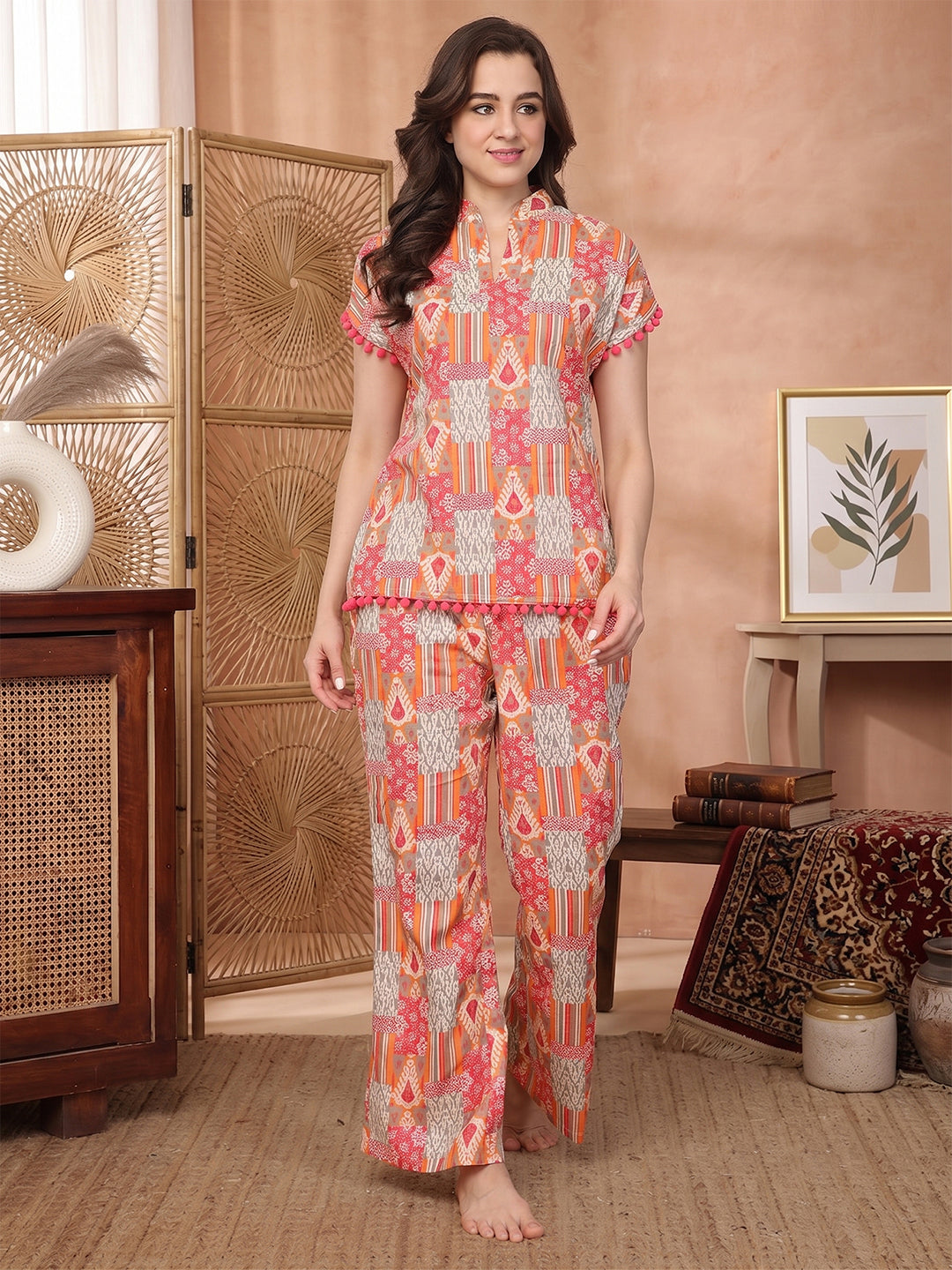Pink Printed Cotton Night Suit with Mandarin Collar & Short Sleeves | Claura