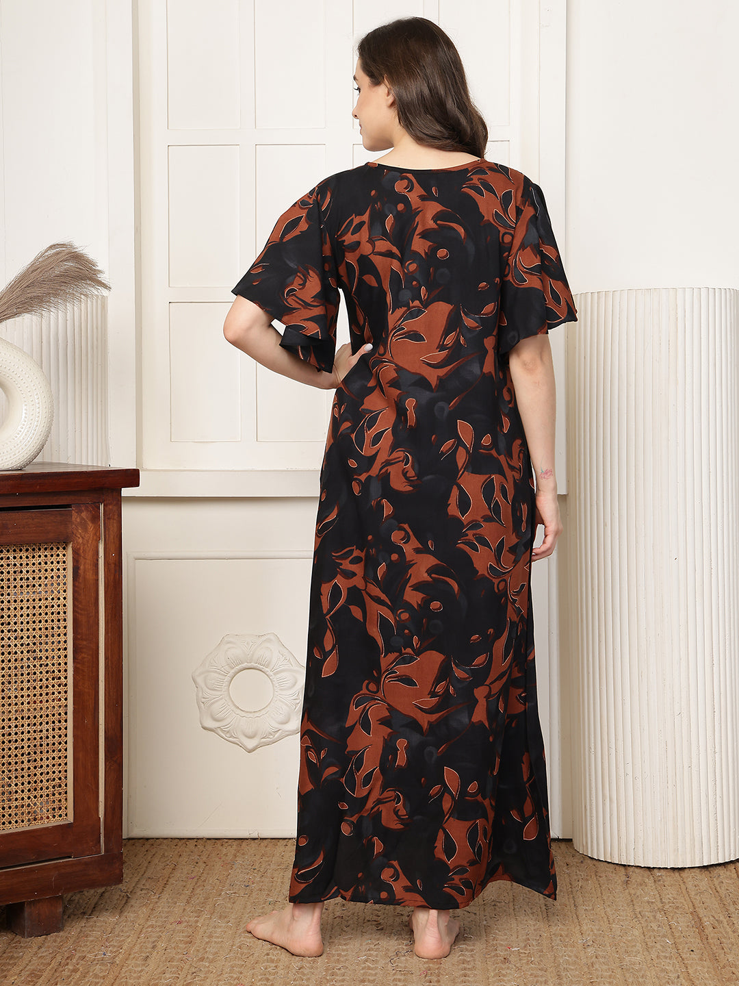 Brown Floral Print Short Sleeve Maxi Nightdress | Claura