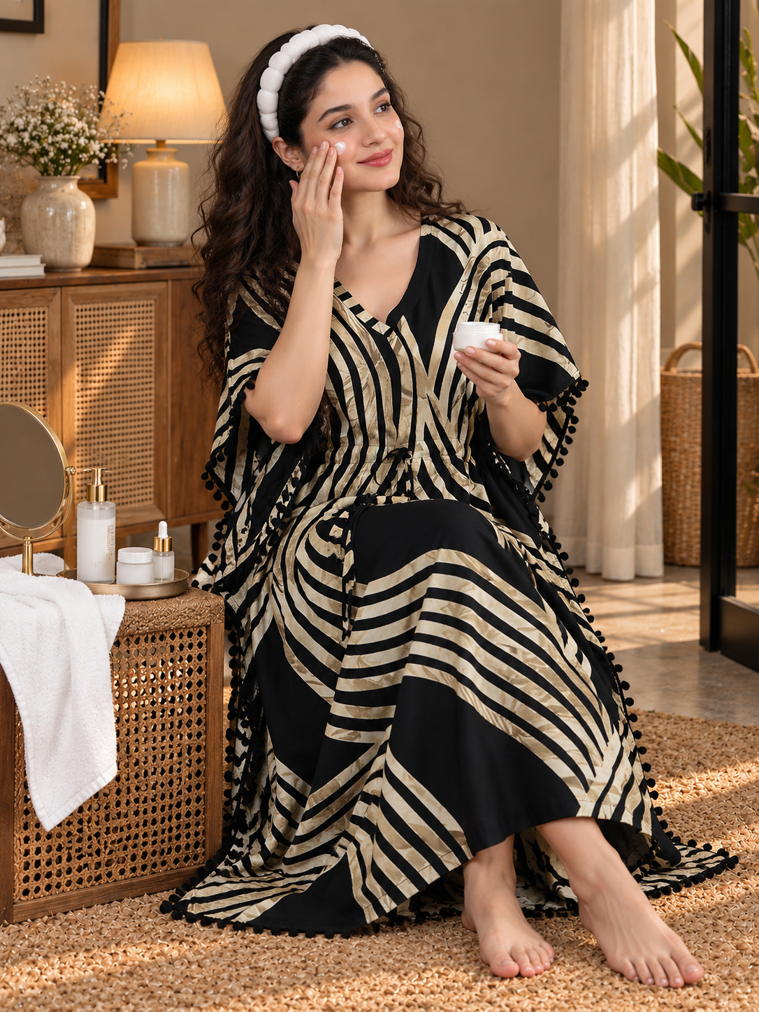 Black Rayon Kaftan Night Dress for Women | Claura