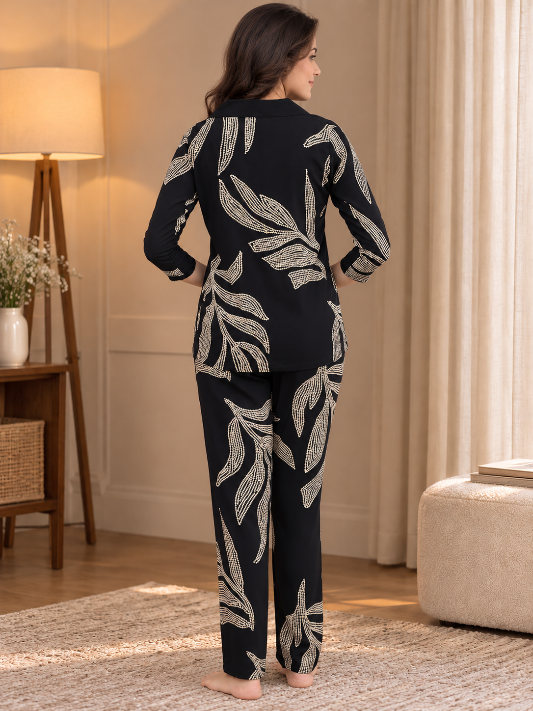 Black Floral Viscose Rayon Night Suit for Women | Claura