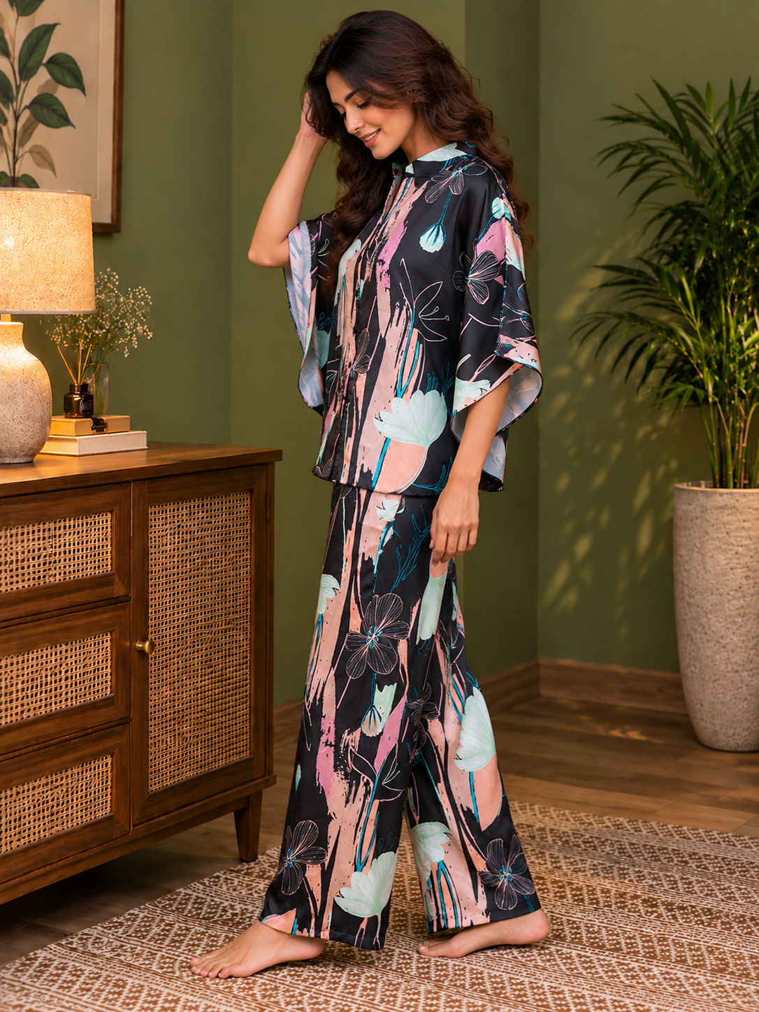 Black Abstract Satin Night Suit for Women – 3/4 Sleeve | Claura