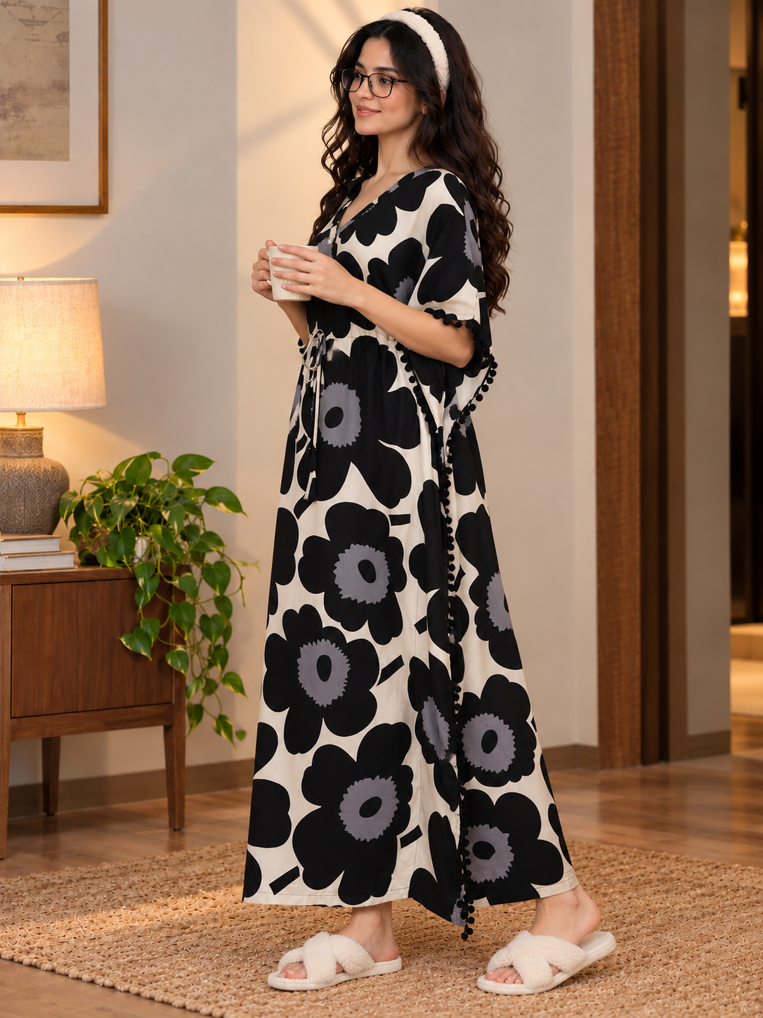 Black Viscose Floral Kaftan Dress | Claura