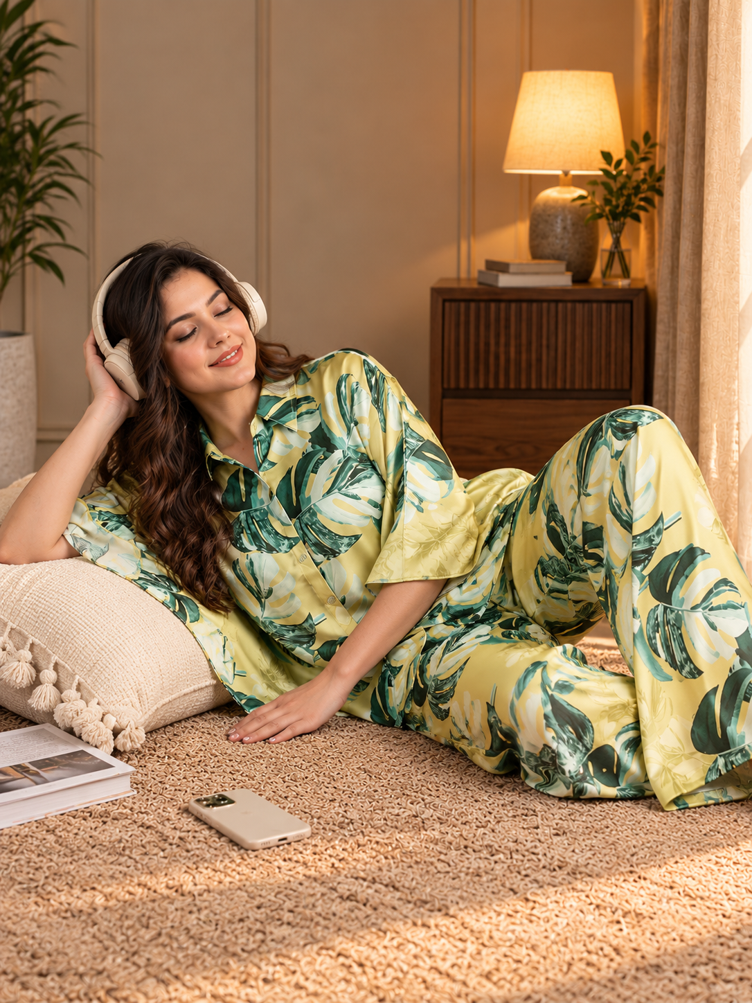 Yellow Floral Satin Night Suit for Women | Claura