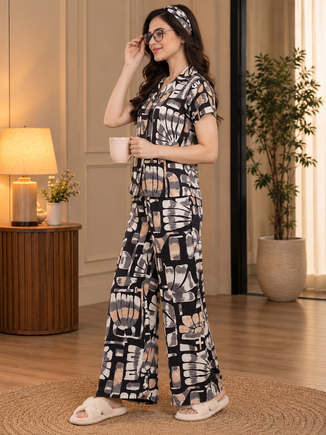 Grey Floral Printed Rayon Night Suit Set For Women | Claura