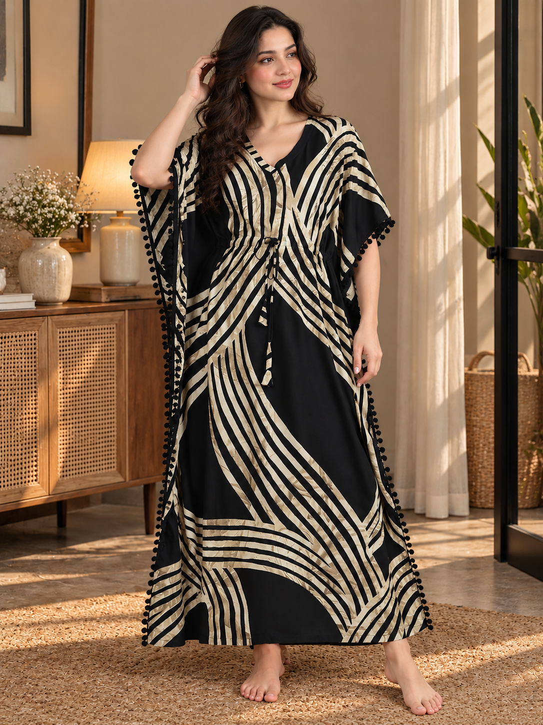 Black Rayon Kaftan Night Dress for Women | Claura