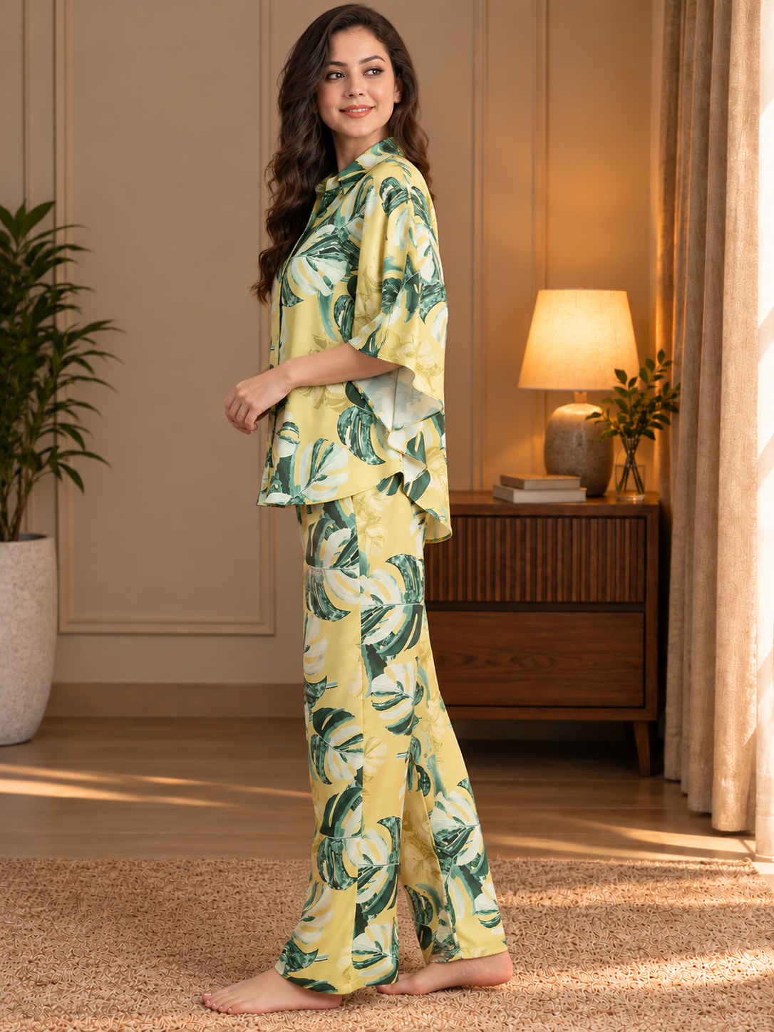 Yellow Floral Satin Night Suit for Women | Claura