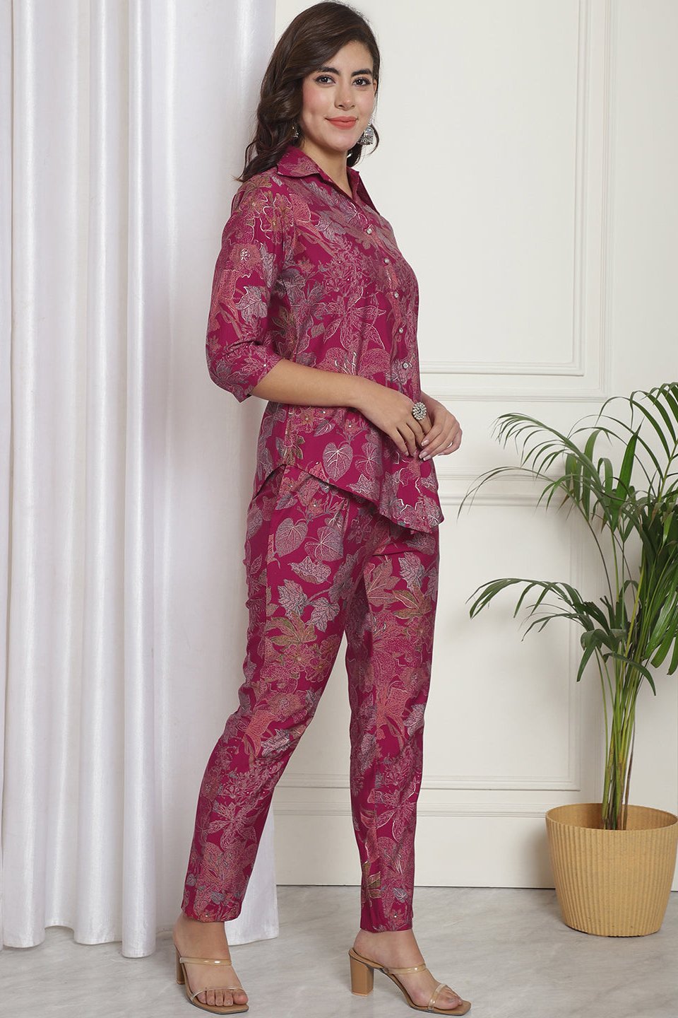 Pink Floral Printed Chanderi Silk Co-Ord Set for Women | Claura