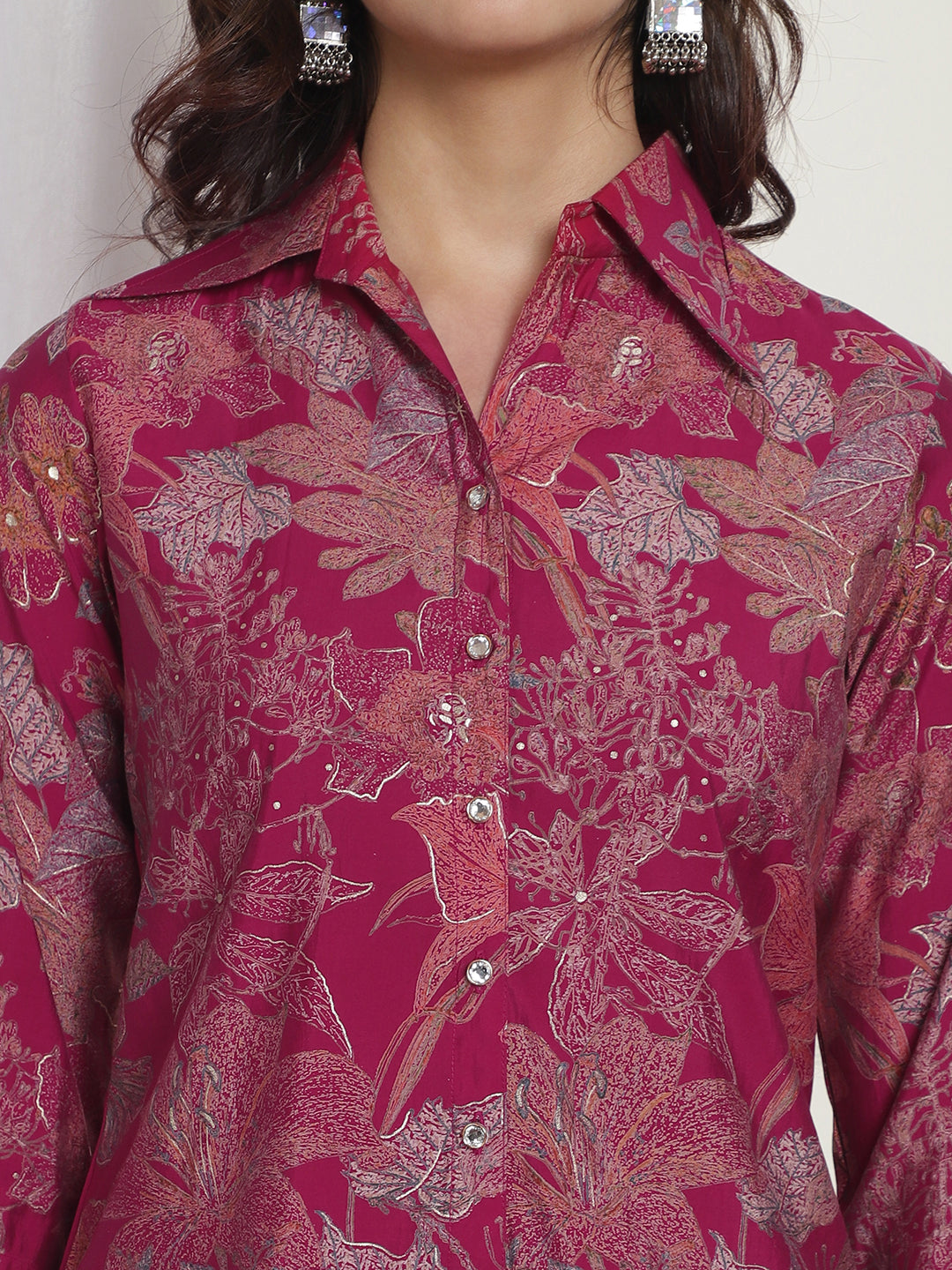 Pink Floral Printed Chanderi Silk Co-Ord Set for Women | Claura