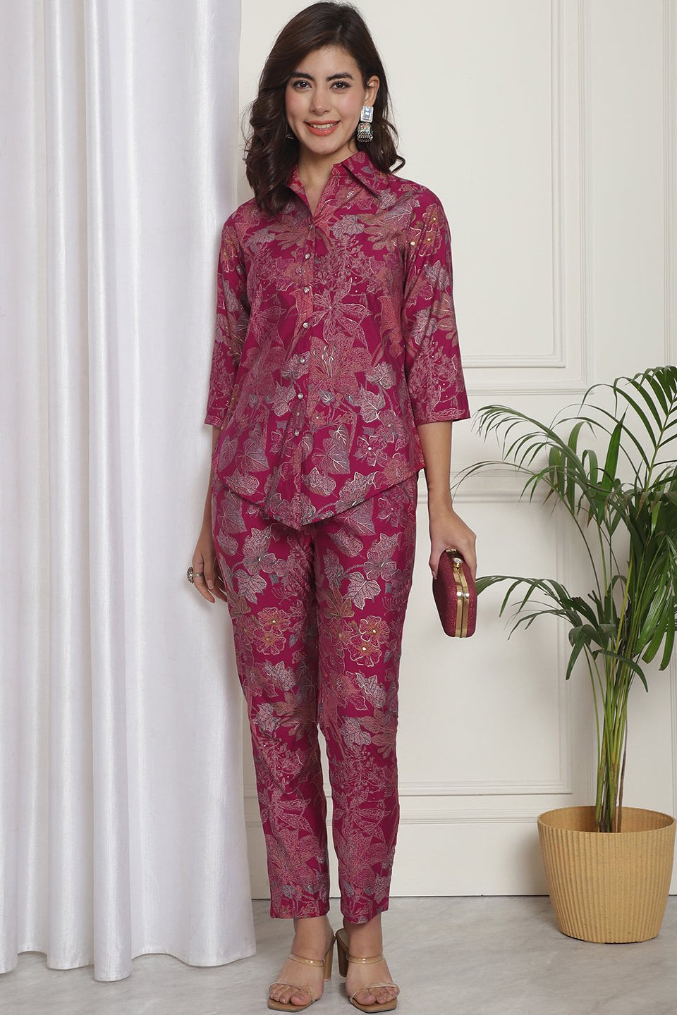 Pink Floral Printed Chanderi Silk Co-Ord Set for Women | Claura