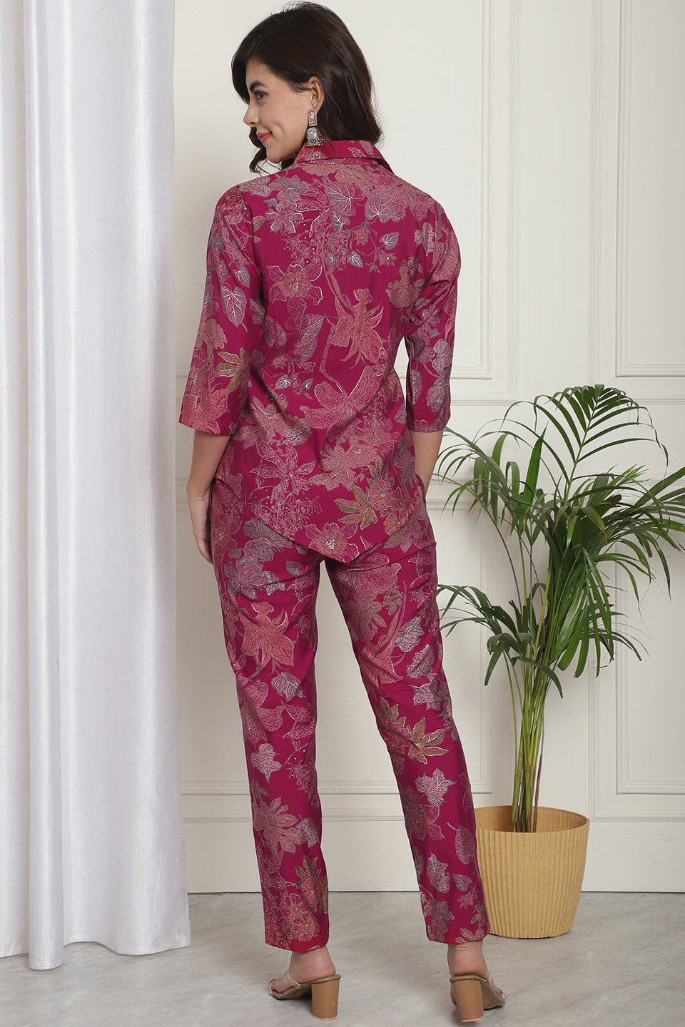 Pink Floral Printed Chanderi Silk Co-Ord Set for Women | Claura