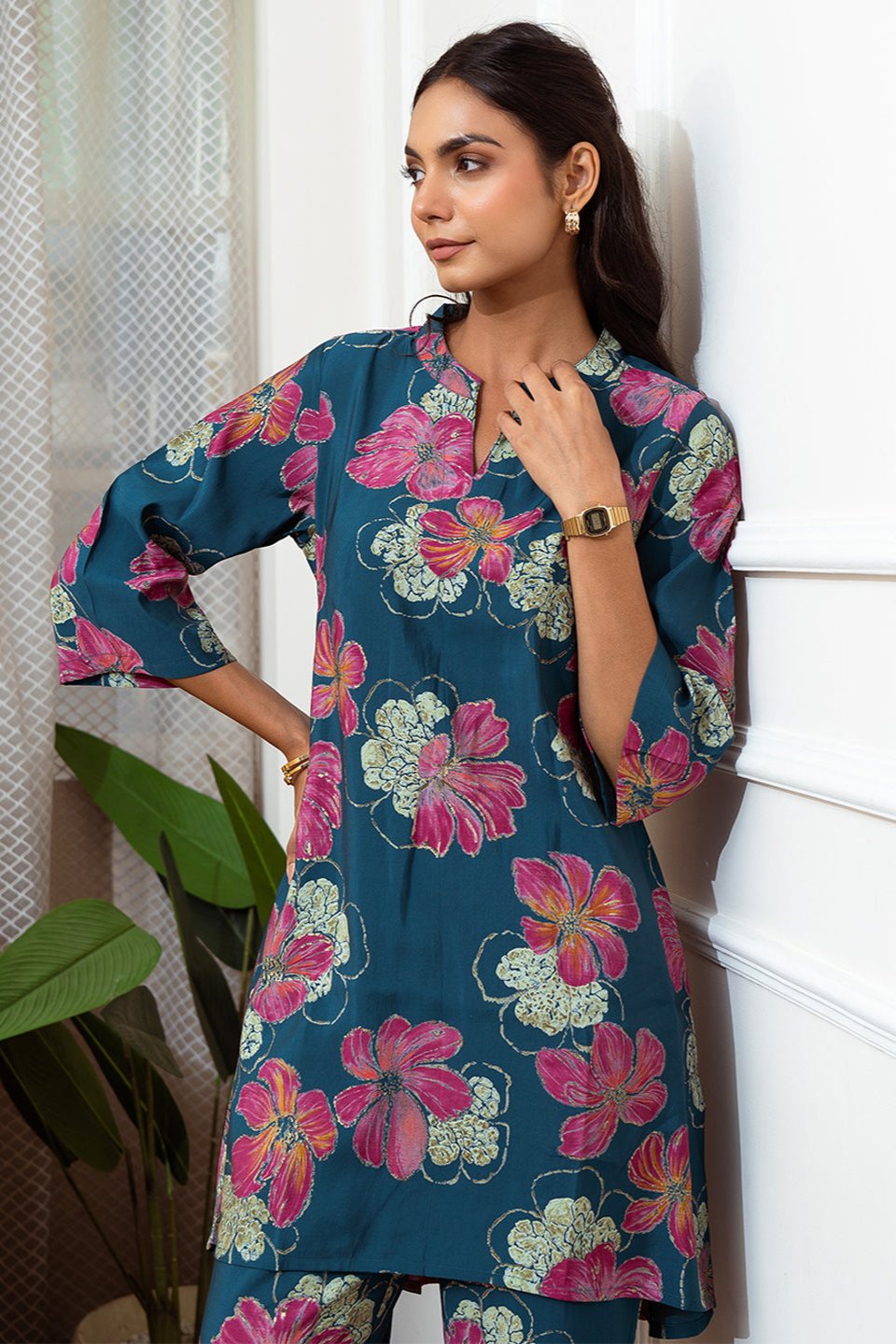 Close-up of Chanderi Silk fabric on Blue Co-Ord Set