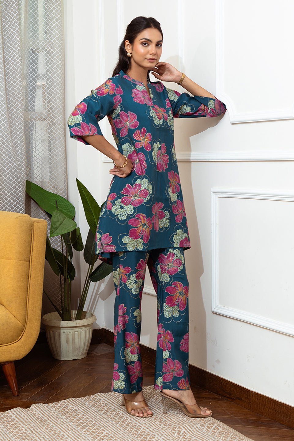 Blue Floral Co-Ord Set with Trousers & Shirt-Style Tunic