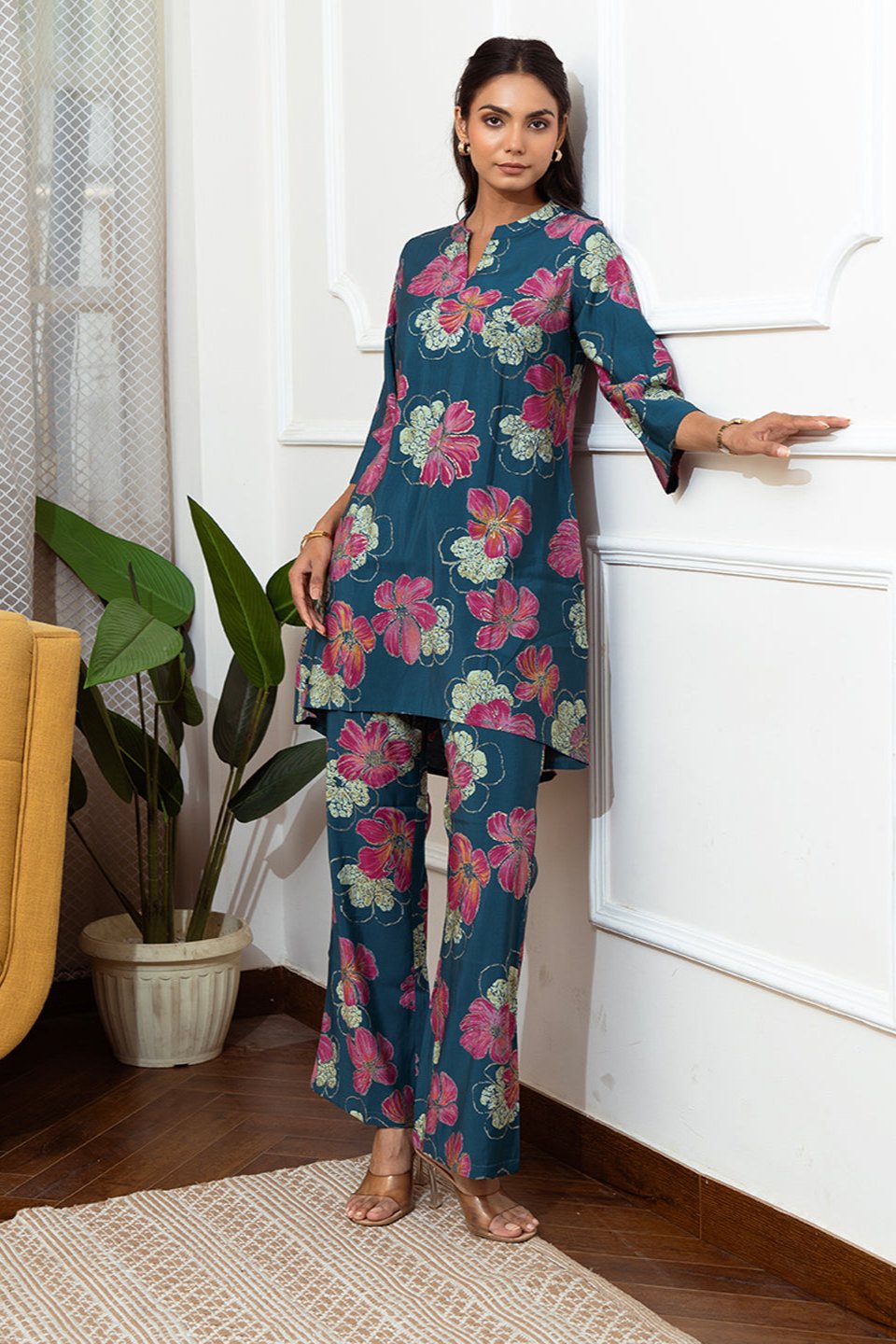 Lifestyle shot of Floral Printed Co-Ord Set on model