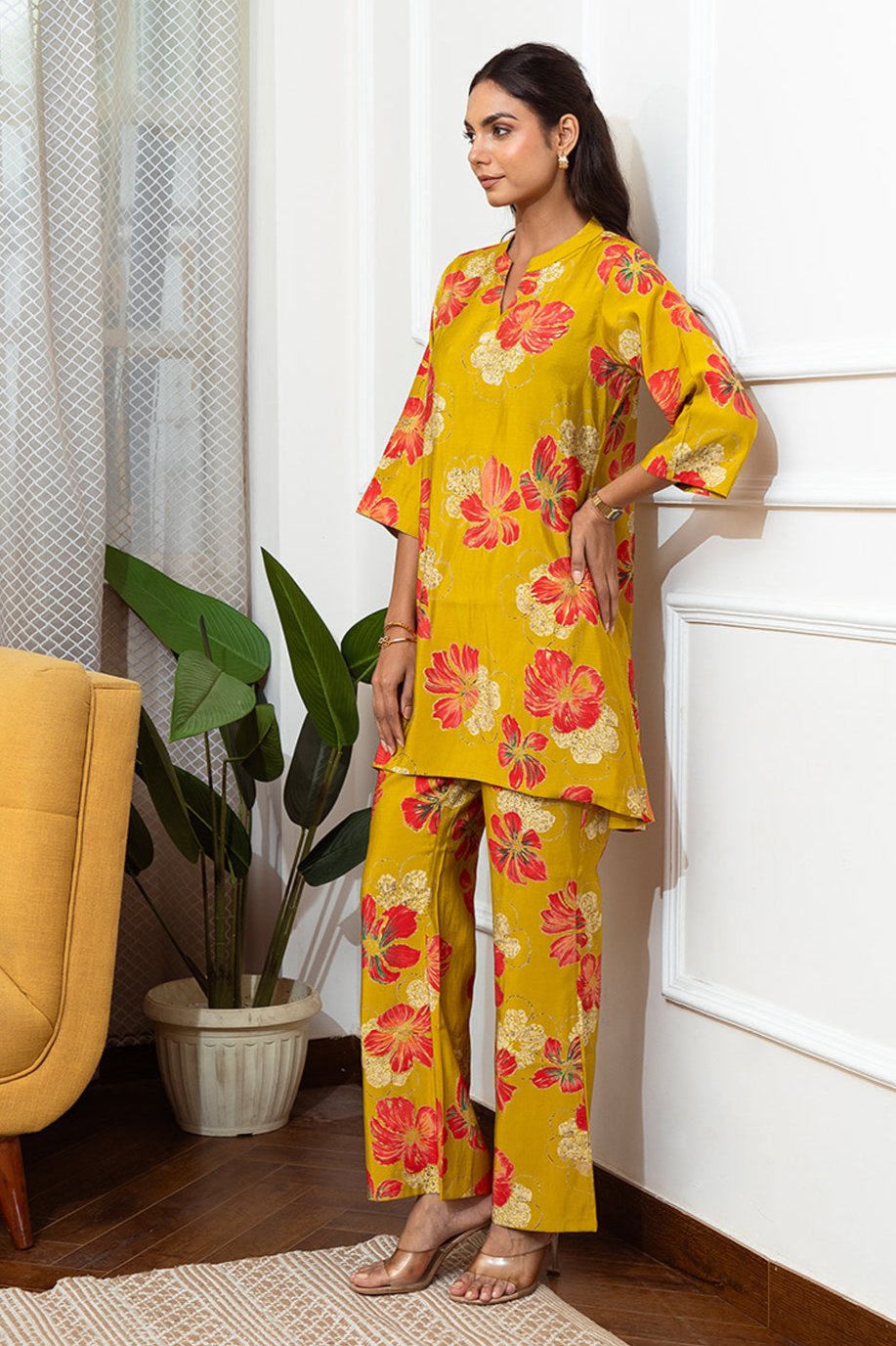 Lifestyle shot of Floral Print Tunic and Trousers Co-Ord Set