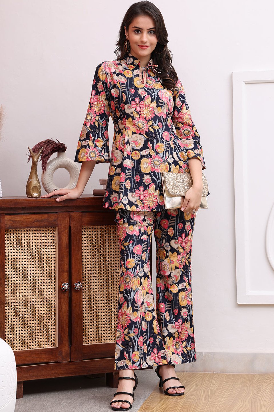 Navy Blue Floral Printed Cotton Co-Ord Set | Claura