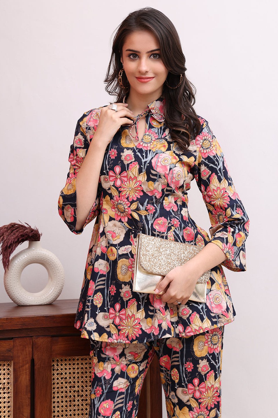 Navy Blue Floral Printed Cotton Co-Ord Set | Claura