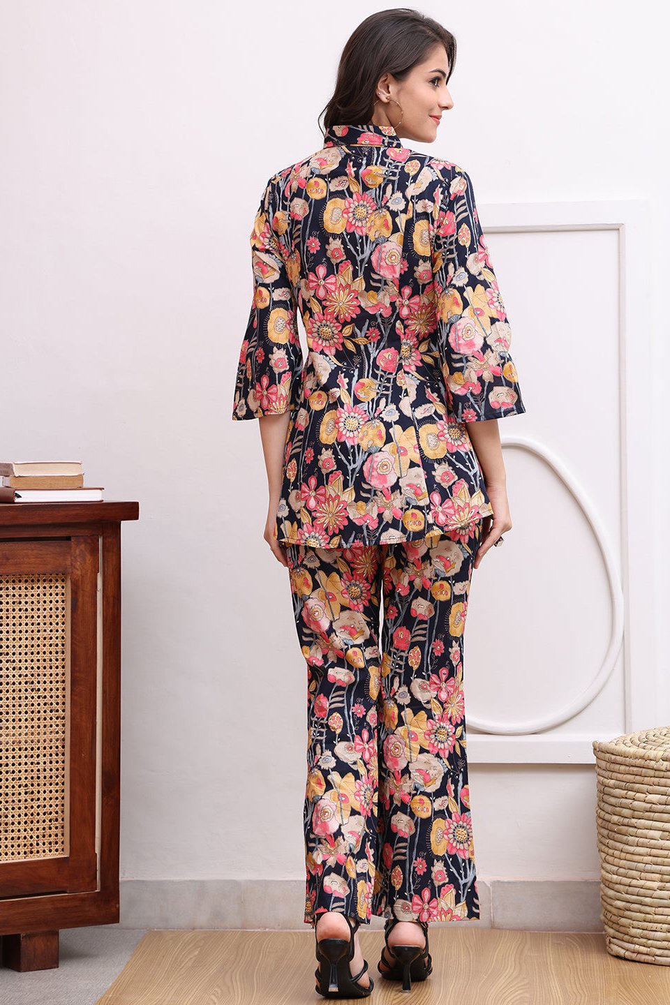 Navy Blue Floral Printed Cotton Co-Ord Set | Claura