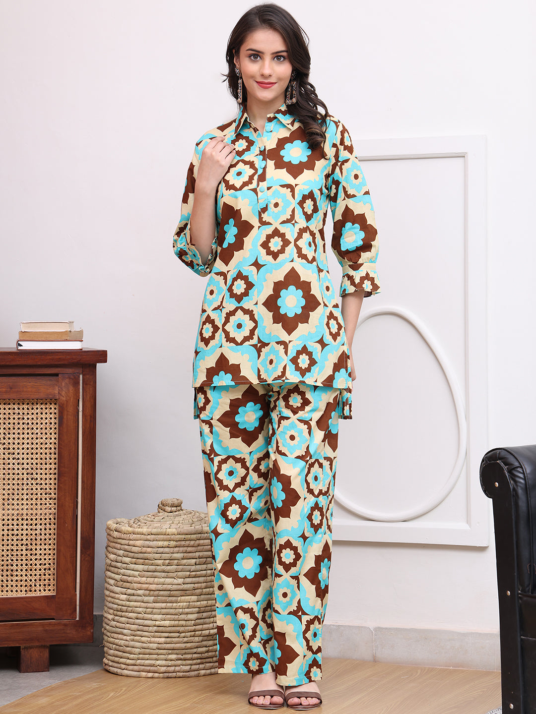 Multi-Color Co-Ord Set with relaxed trousers and button-down shirt