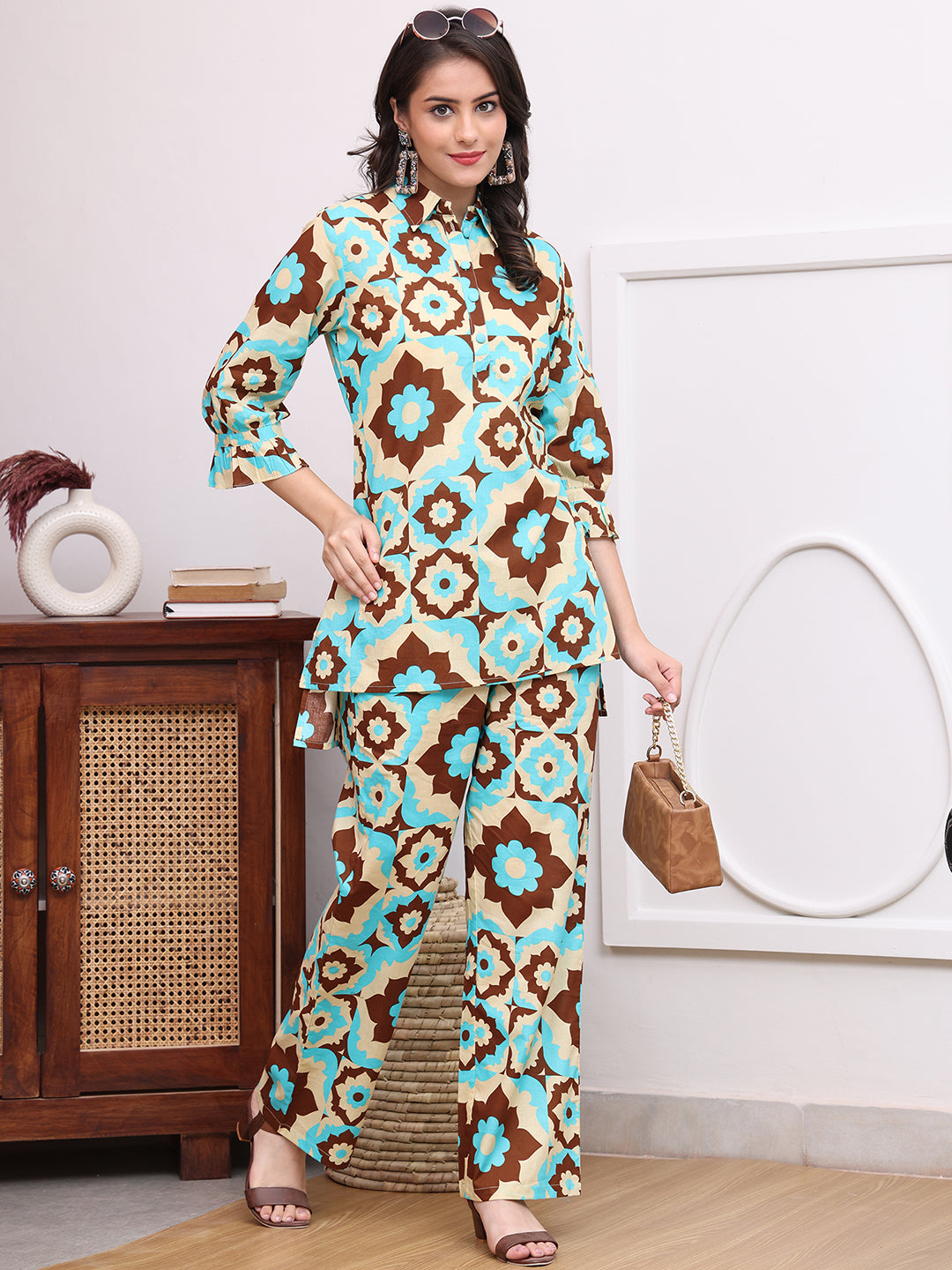 Multi-Color Abstract Printed Cotton Co-Ord Set for Women | Claura