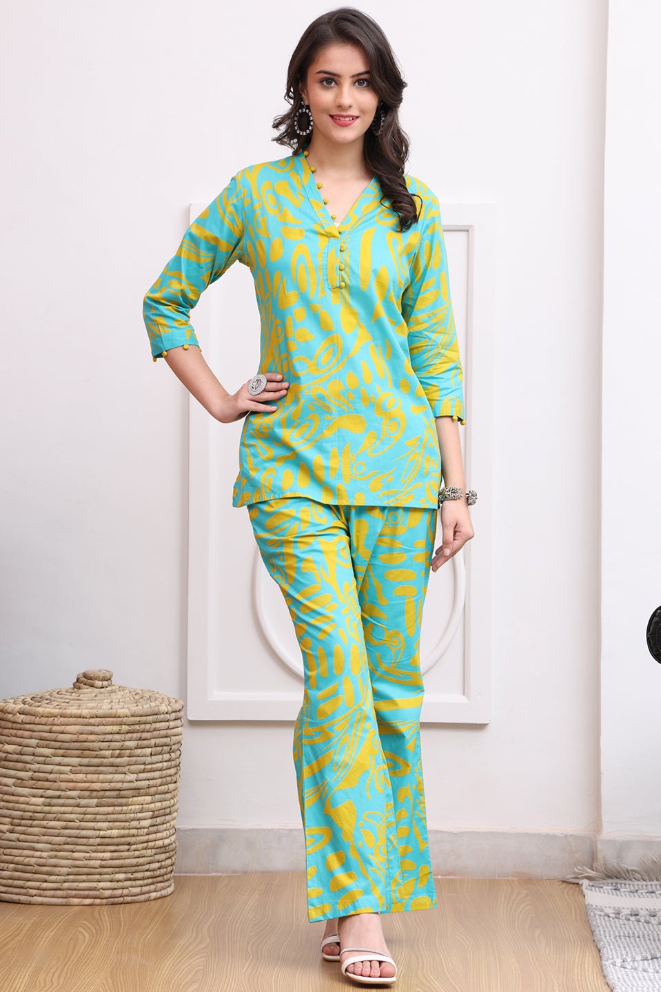 Blue Color Abstract Printed Cotton Co-ord Set | S-XXL | Claura