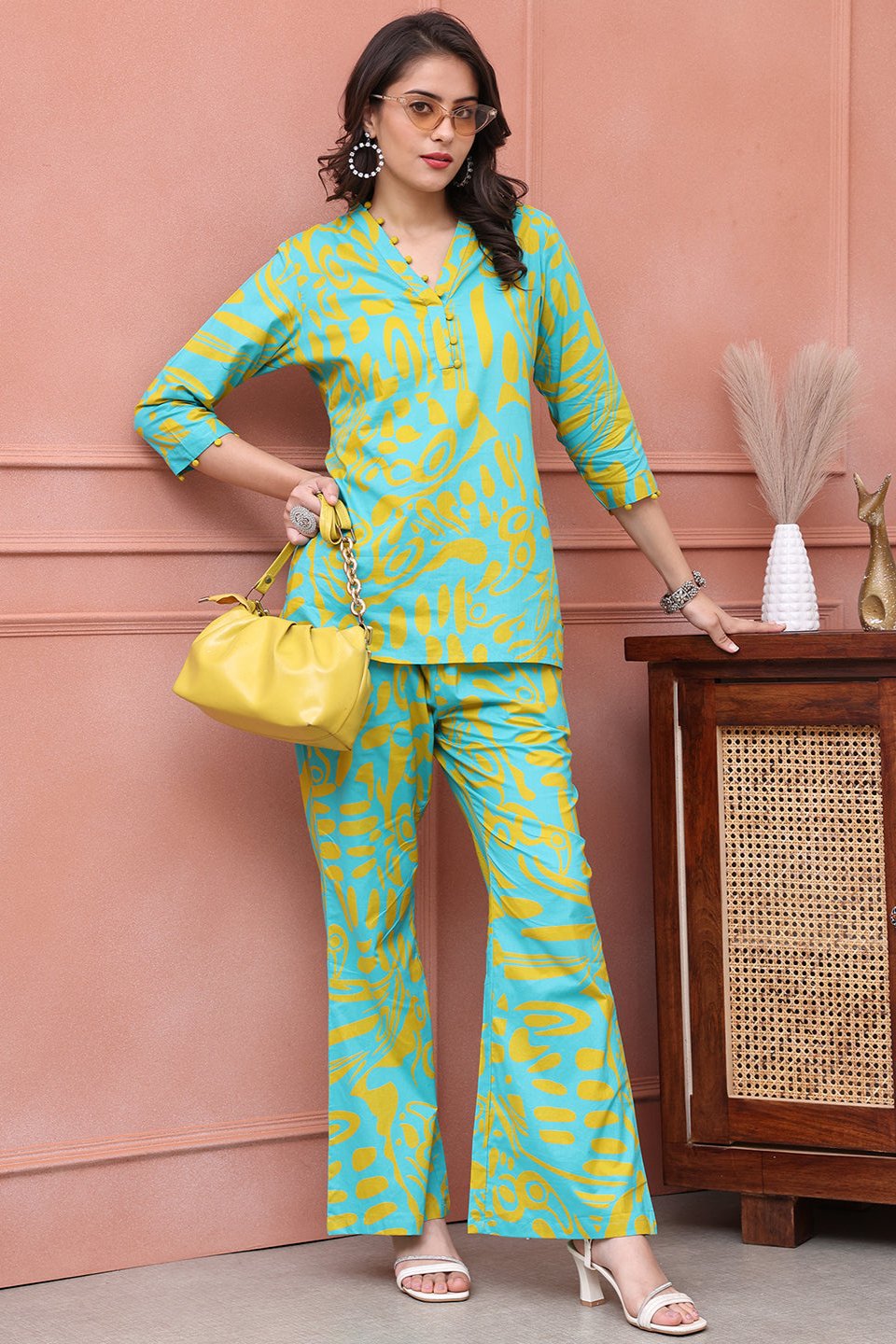 Blue Color Abstract Printed Cotton Co-ord Set | S-XXL | Claura