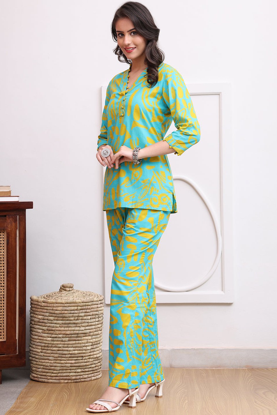 Blue Color Abstract Printed Cotton Co-ord Set | S-XXL | Claura