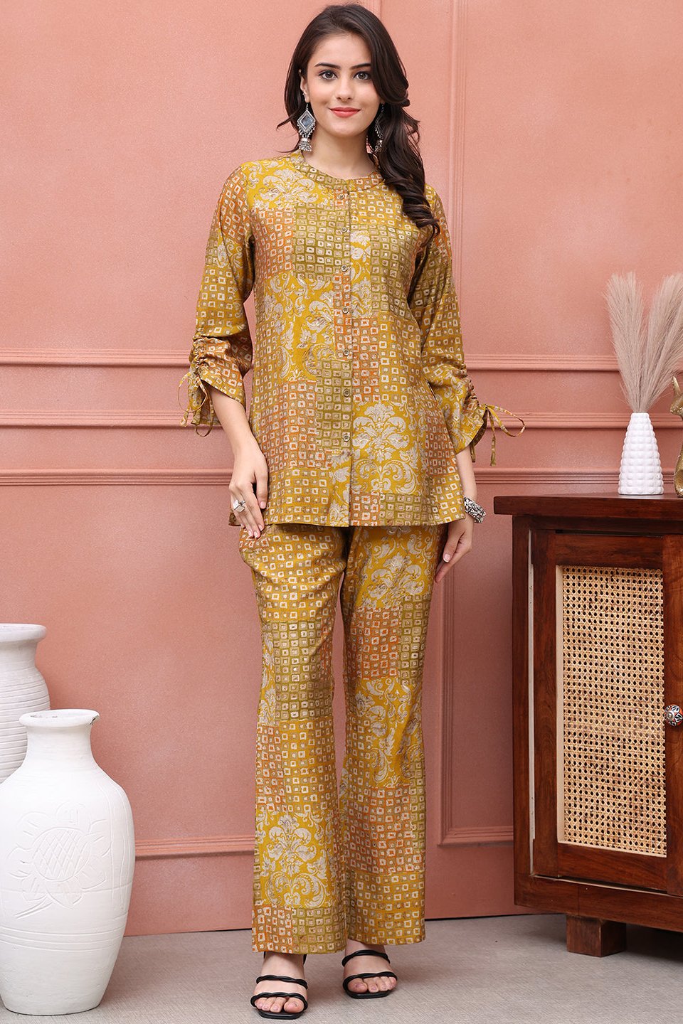 Close-up of Chanderi fabric on Mustard Abstract Co-Ord Set