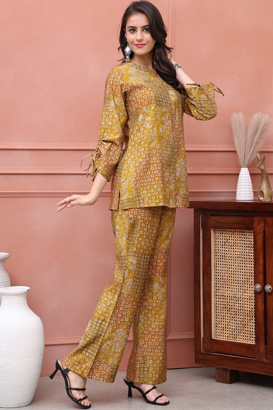 Mustard Co-Ord Set with relaxed trousers & 3/4 sleeve tunic