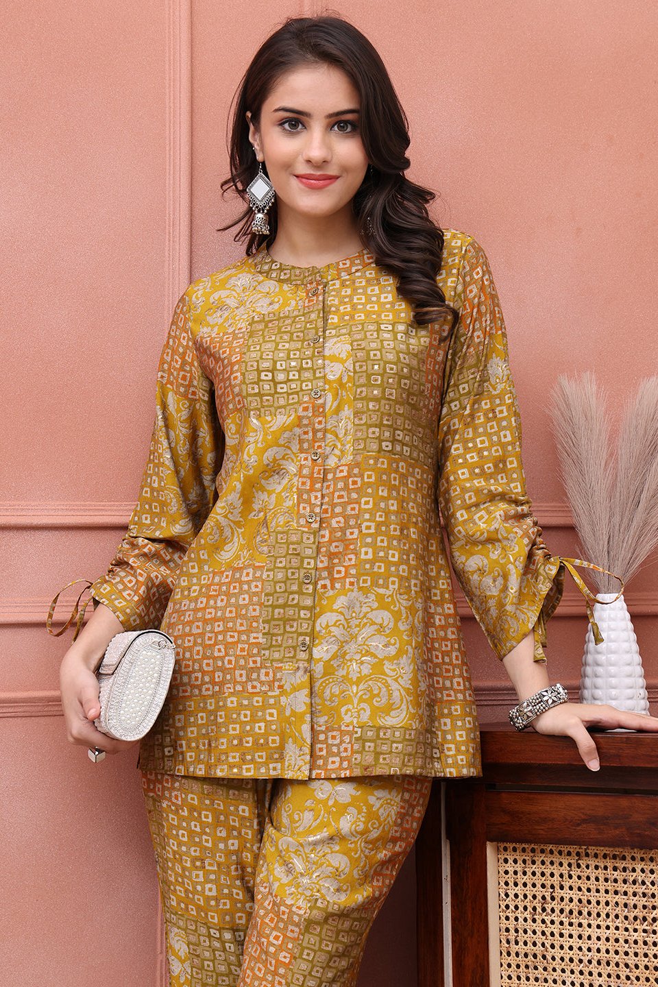 Close-up of Chanderi fabric on Mustard Abstract Co-Ord Set