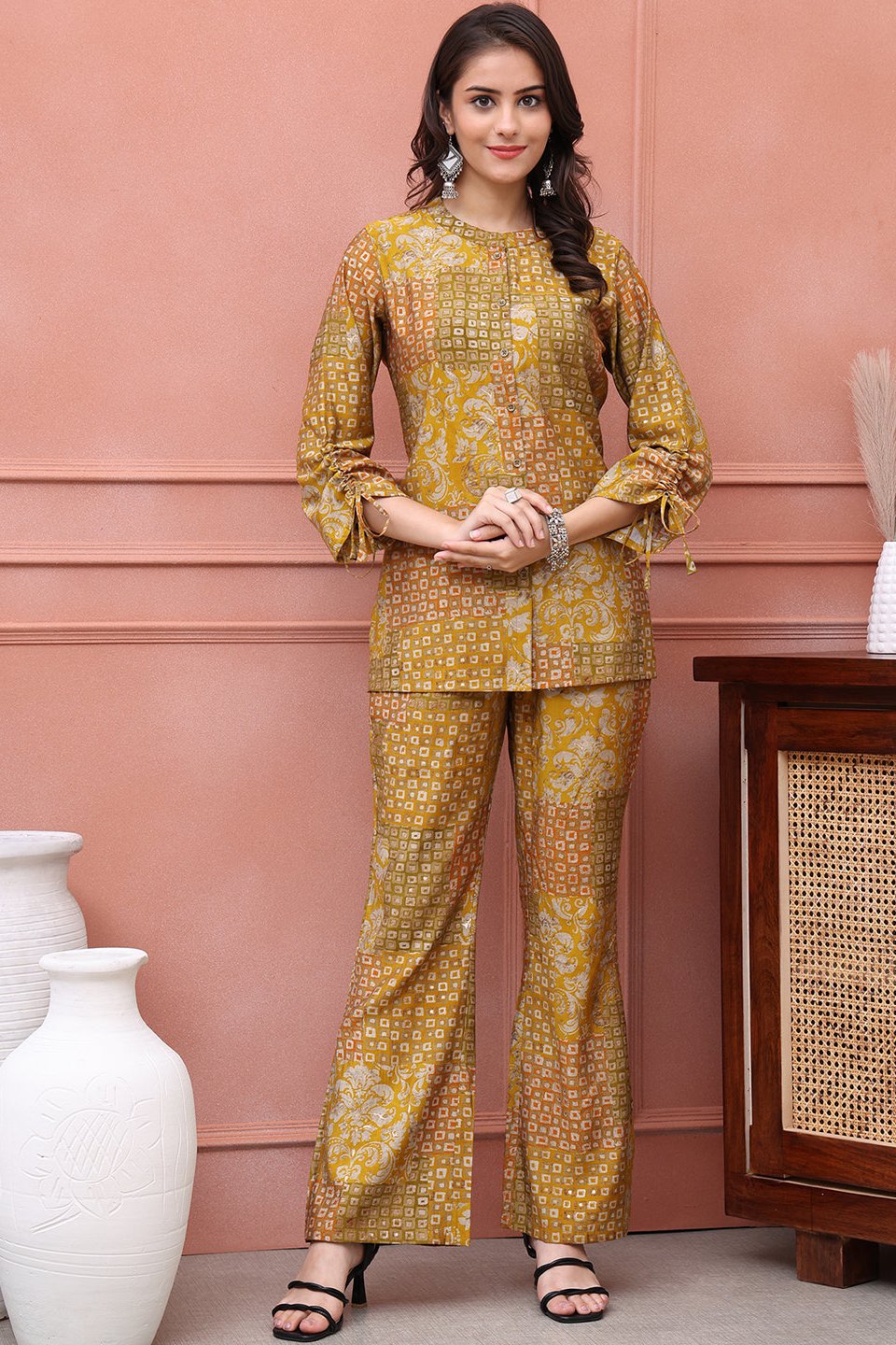 Mustard Co-Ord Set with relaxed trousers & 3/4 sleeve tunic