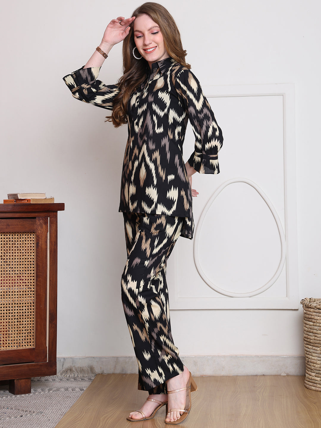 Black Abstract Printed Cotton Co-Ord Set for Women | Claura