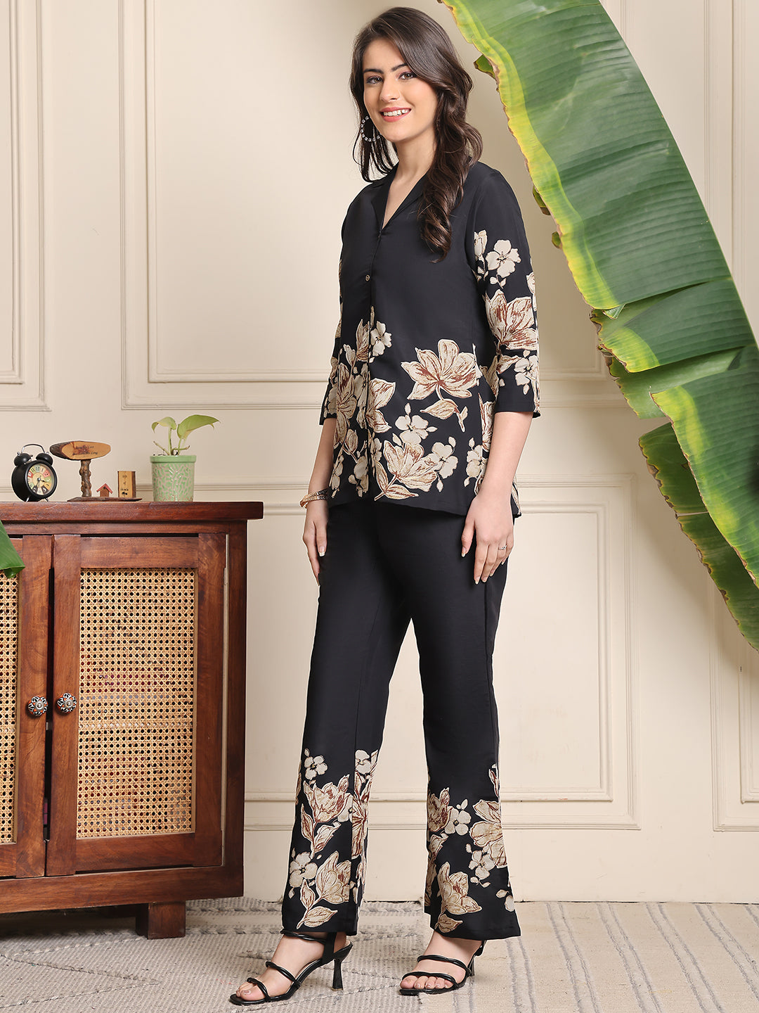 Black Floral Tunic Top with Trousers