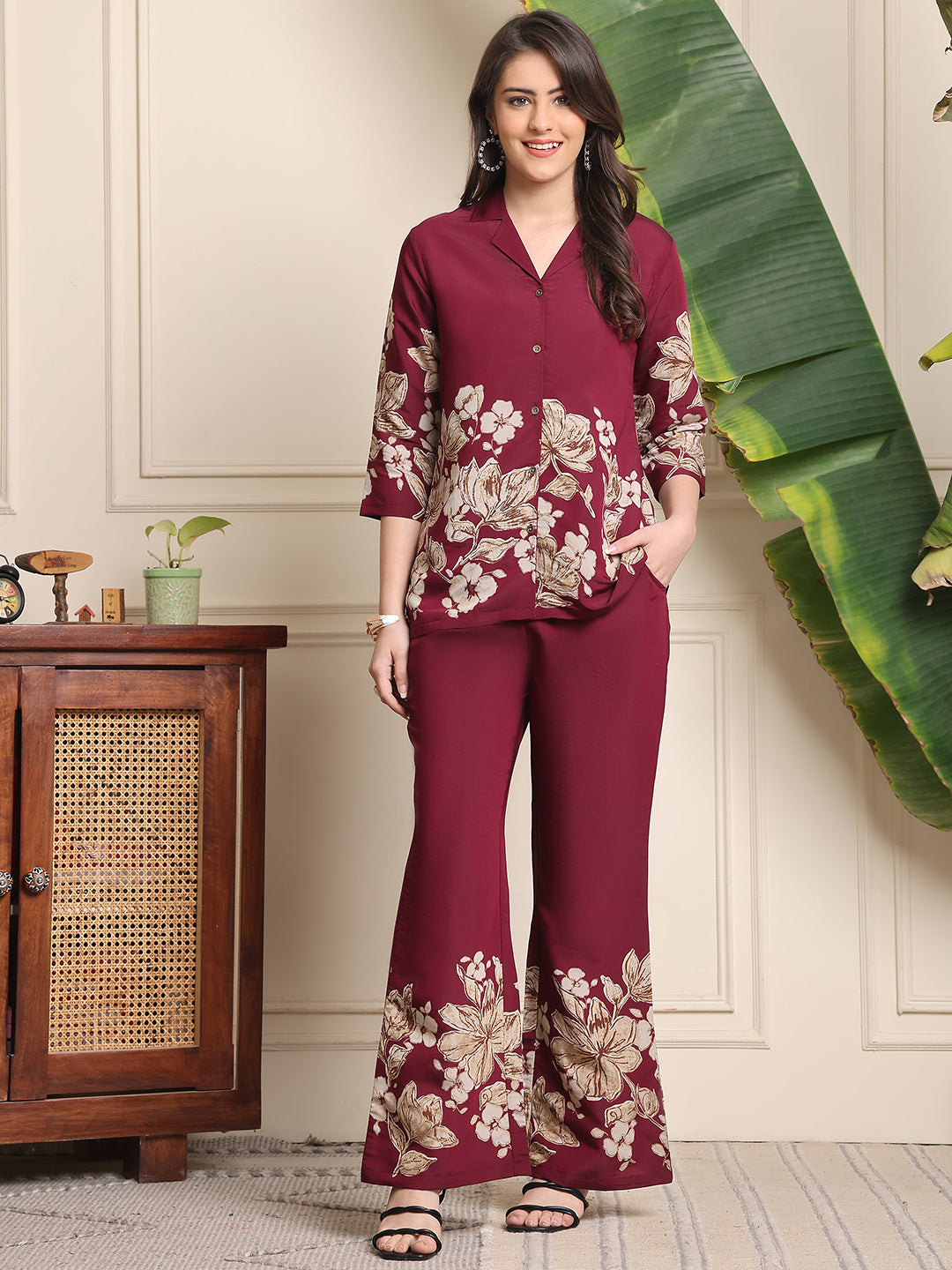 Wine Floral Printed Premium Chanderi Co-Ord Set for Women | Claura